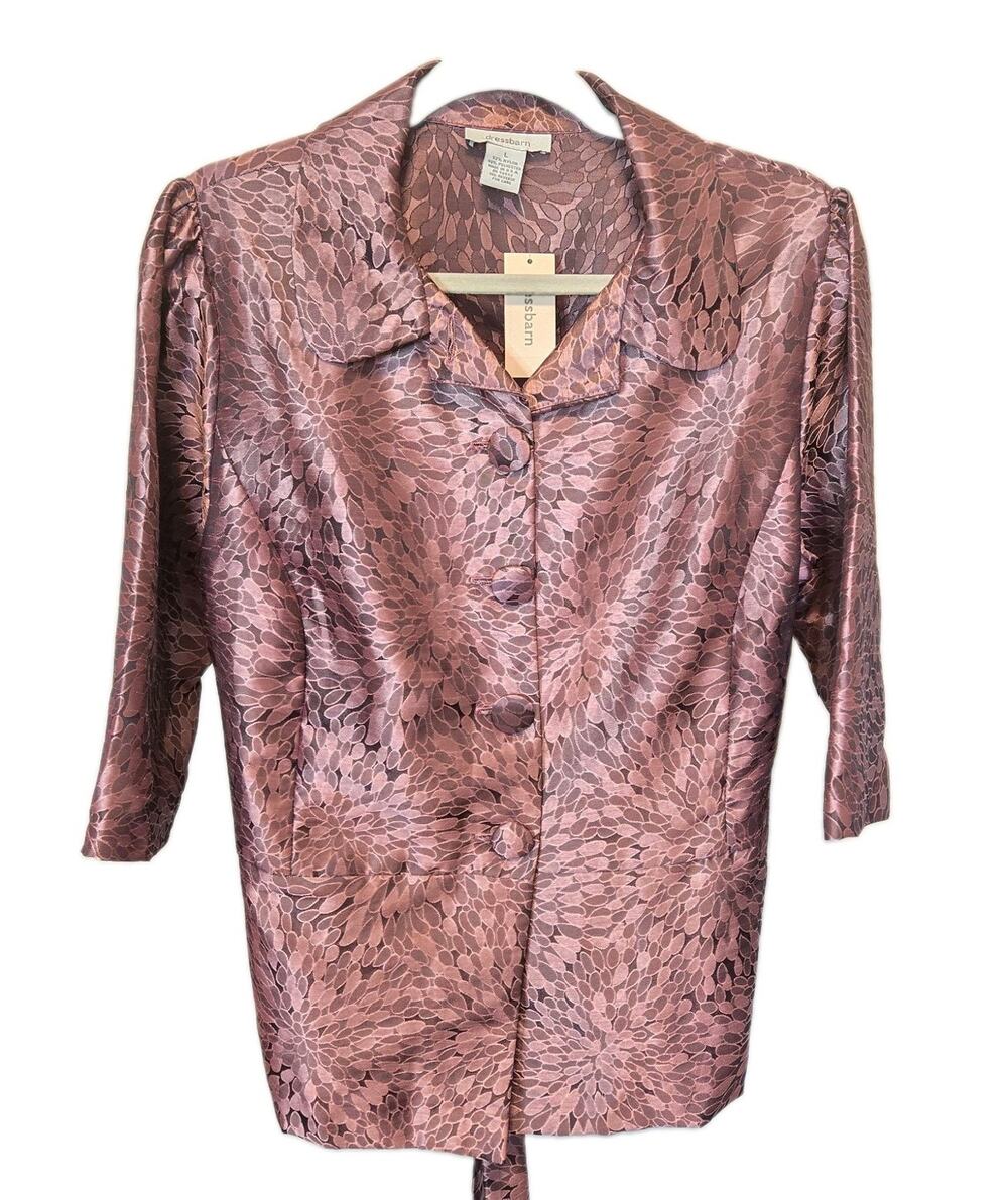 Dressbarn Metallic Jacquard Elegant Blouse Jacket Mauve Purple Pink Floral, Sz L